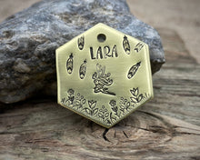 Load image into Gallery viewer, Hexagon dog tag, hand stamped with fairy design, flowers and feathers