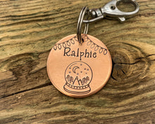 Load image into Gallery viewer, Christmas dog tag, hand stamped with snow globe