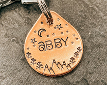 Load image into Gallery viewer, Small dog tag, tear drop pet id tag with mountain and tree design, 2 phone numbers