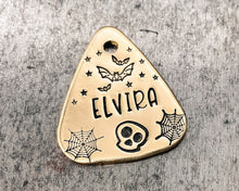 Load image into Gallery viewer, Spooky guitar pick dog id tag, hand stamped with bats, skull and cobwebs