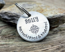 Load image into Gallery viewer, 'Microchipped' Dog id tag, hand stamped with compass & phone numbers