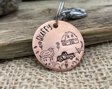 Load image into Gallery viewer, Dog id tag, hand stamped with sheep, pickup truck and barn shed