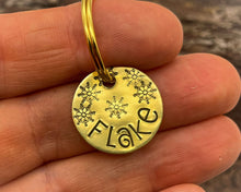 Load image into Gallery viewer, Christmas cat tag, hand stamped with snowflakes