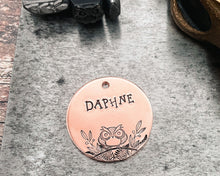 Load image into Gallery viewer, Large dog id tag, hand stamped with grumpy owl