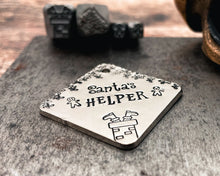 Load image into Gallery viewer, Cute Christmas dog tag, hand stamped square Santa's Helper pet id tag with 2 phone numbers