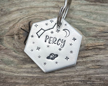 Load image into Gallery viewer, Hexagon dog tag, hand stamped with galaxy design, saturn, moon & stars