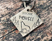 Load image into Gallery viewer, Square dog id tag, small pet tag hand stamped with howling wolf and trees