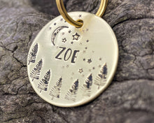 Load image into Gallery viewer, Tree dog tag, hand-stamped with moon and stars