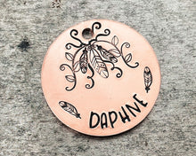 Load image into Gallery viewer, Boho dog tag, hand stamped pet id tag with feather design