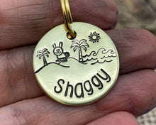 Load image into Gallery viewer, Small dog id tag, hand stamped with bunny and palm trees