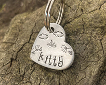 Load image into Gallery viewer, Small heart pet tag, Aluminum heart with bird and cloud design