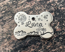 Load image into Gallery viewer, Bone dog id tag with moon and stars, handstamped pet id tag with up to 2 phone numbers or microchipped