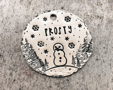 Load image into Gallery viewer, Christmas dog tag, hand stamped pet id tag with cute Snowman design, double-sided pet id tag with 2 phone numbers