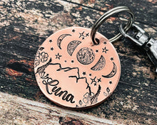 Load image into Gallery viewer, Moon dog tag, hand stamped metal dog id with moon phase and mountain design