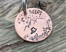 Load image into Gallery viewer, Mountain dog tag, hand-stamped with river, tent and stars