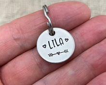 Load image into Gallery viewer, Cat name tag, hand stamped with hearts