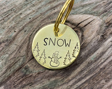 Load image into Gallery viewer, Christmas dog tag, small pet tag with snowman and trees