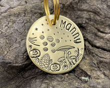 Load image into Gallery viewer, Hand stamped dog id tag with mushrooms and spooky pumpkins