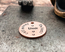 Load image into Gallery viewer, Cute dog id tag with 'I'm lost', handstamped pet id tag with up to 2 phone numbers or microchipped