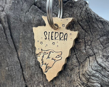 Load image into Gallery viewer, Arrow head dog id tag with wolfhead design