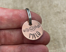 Load image into Gallery viewer, Halloween cat name tag, hand stamped spooky pumpkin and leaves
