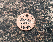 Load image into Gallery viewer, Personalized cat name  tag, hand stamped cat tag with mountains and moon phase design, 1 phone number