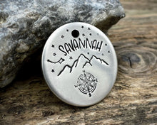 Load image into Gallery viewer, Dog id tag, hand stamped with compass, mountains & star design