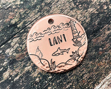 Load image into Gallery viewer, Dog tag, ocean design with shark & lighthouse