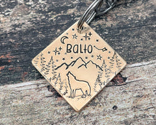 Load image into Gallery viewer, Square dog id tag, hand stamped metal dog tag with mountains and howling wolf