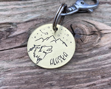 Load image into Gallery viewer, Dog id tag, hand stamped with wolf head, mountains & star design