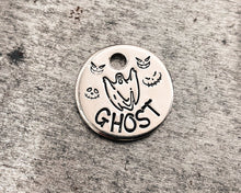 Load image into Gallery viewer, Personalized Halloween cat name tag, hand stamped cat tag with spooky ghost design, 1 phone number