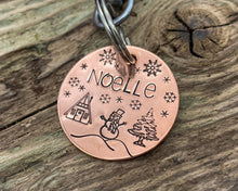 Load image into Gallery viewer, Christmas dog id tag, hand stamped with snowman and cabin