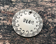 Load image into Gallery viewer, Large dog tag, hand stamped with border design