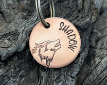 Load image into Gallery viewer, Small dog id tag, hand stamped with wolf head