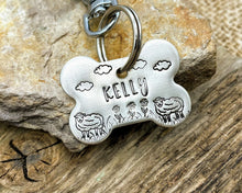 Load image into Gallery viewer, Bone dog id tag, handstamped with flowers and sheep