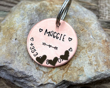 Load image into Gallery viewer, Dog id tag, hand stamped with phone number & hearts
