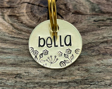 Load image into Gallery viewer, Cute cat name tag, hand stamped leaf and flower design