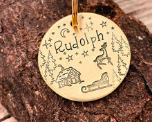 Load image into Gallery viewer, Christmas dog tag, hand stamped with Santa cabin and reindeer