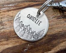 Load image into Gallery viewer, Dog name tag, hand stamped with mountains and trees
