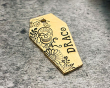 Load image into Gallery viewer, Coffin dog id tag with sugar skull and flower design, double-sided pet id tag with 2 phone numbers