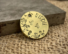 Load image into Gallery viewer, Small dog id tag, hand stamped with flower design & birds