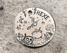 Load image into Gallery viewer, Metal dog id tag with witch on a broom and mushrooms, double-sided pet tag with up to 2 phone numbers
