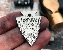 Load image into Gallery viewer, Arrowhead dog tag with mushrooms, cute metal pet id tag double-sided with 2 phone numbers