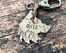 Load image into Gallery viewer, Wolf head dog tag, hand stamped metal dog tag with mountains & trees