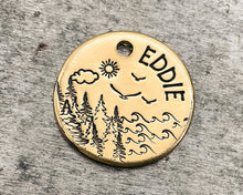 Load image into Gallery viewer, cute small brass dog tag with lake and trees