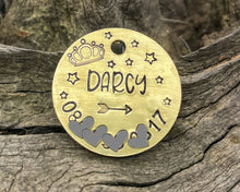 Load image into Gallery viewer, Microchipped dog tag, hand stamped with crown and phone number