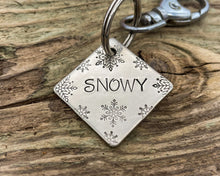 Load image into Gallery viewer, Christmas dog id tag, square pet tag hand stamped with snowflake design