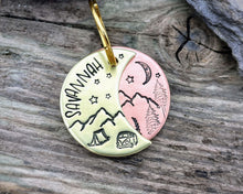Load image into Gallery viewer, Moon dog tag, hand stamped with adventure design, moon, stars & trees