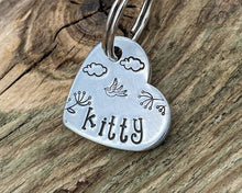 Load image into Gallery viewer, Small heart pet tag, Aluminum heart with bird and cloud design