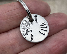 Load image into Gallery viewer, Cat name tag, hand stamped flower design & leaves
